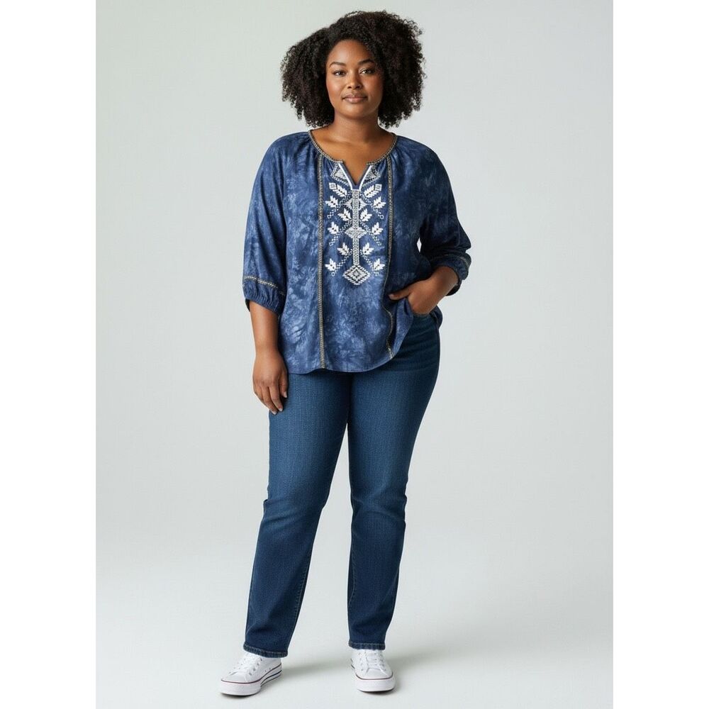 Calessa Women’s 100% Cotton Blouse Embroidered Blue Size XL Boho Flowy